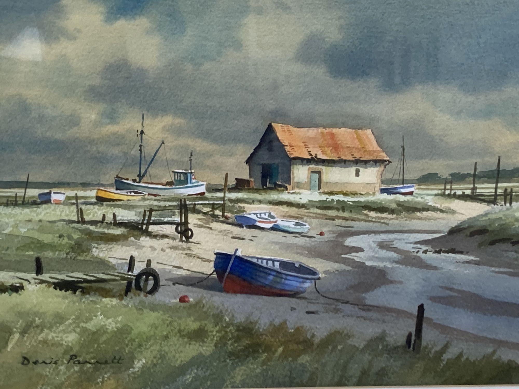 Denis Pannett (1939-), watercolour, Boats at Thornham, signed, 25 x 35.5cm
